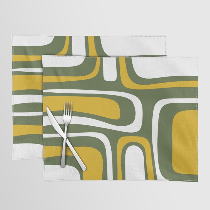 Mid-Century Modern Palm Springs Abstract Pattern Olive Green and Mustard Placemat Gallery Image 1