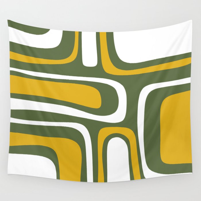 Mid-Century Modern Palm Springs Abstract Pattern Olive Green and Mustard Wall Tapestry Gallery Image 1