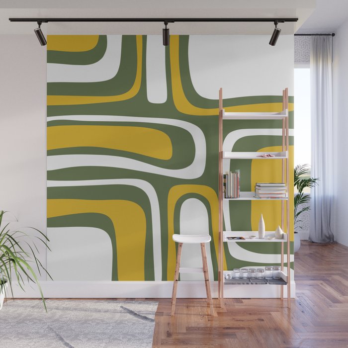 Mid-Century Modern Palm Springs Abstract Pattern Olive Green and Mustard Wall Mural Gallery Image 1