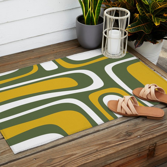 Mid-Century Modern Palm Springs Abstract Pattern Olive Green and Mustard Outdoor Rug Gallery Image 2