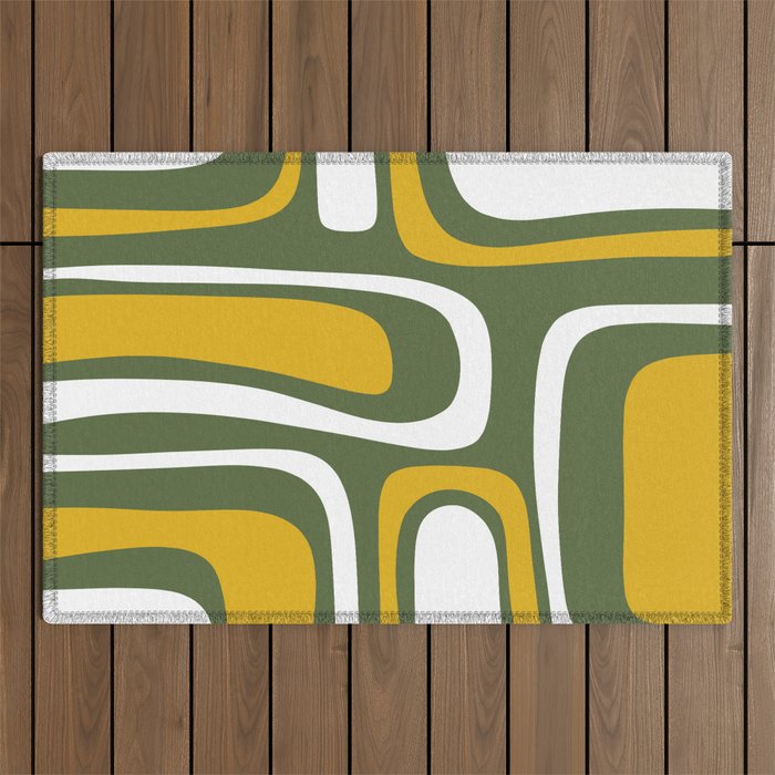 Mid-Century Modern Palm Springs Abstract Pattern Olive Green and Mustard Outdoor Rug Gallery Image 1