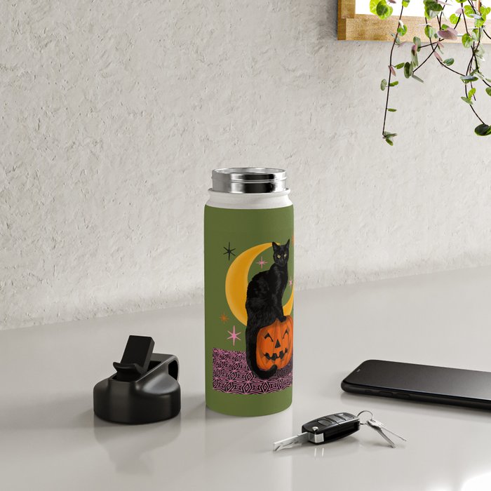 Black Cat - Moonlit Mischief on Halloween Water Bottle Gallery Image 4