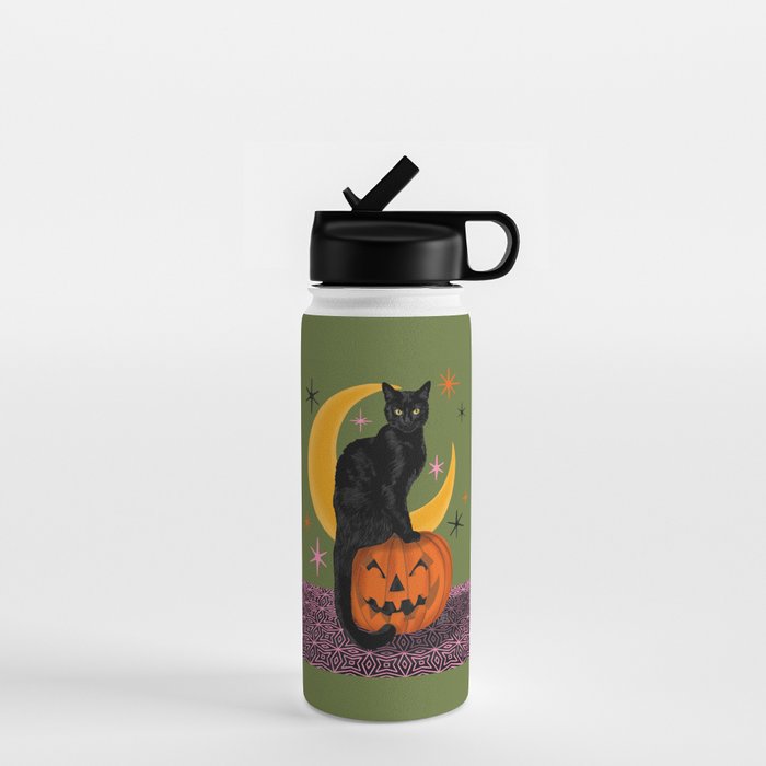 Black Cat - Moonlit Mischief on Halloween Water Bottle Gallery Image 1