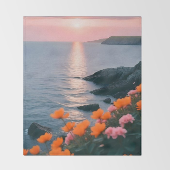 Rocky Beach Sunset, Nature Ocean Landscape Scenic Travel, Mountain Adventure Trek Beach Outdoors, Mindful Photography Throw Blanket Gallery Image 2