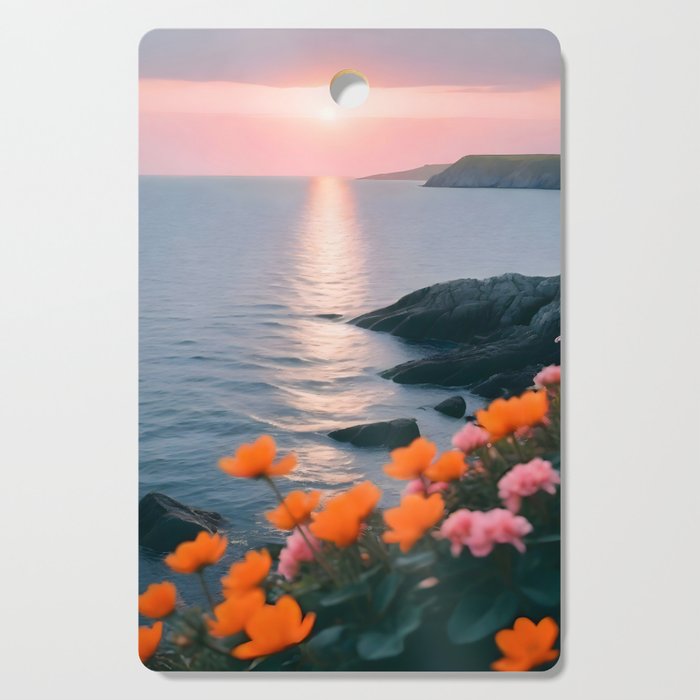 Rocky Beach Sunset, Nature Ocean Landscape Scenic Travel, Mountain Adventure Trek Beach Outdoors, Mindful Photography Cutting Board Gallery Image 1