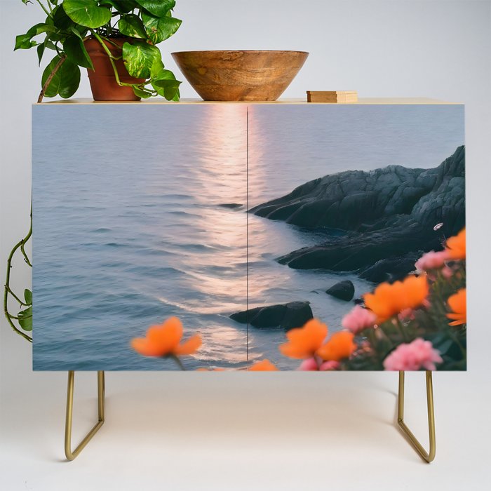 Rocky Beach Sunset, Nature Ocean Landscape Scenic Travel, Mountain Adventure Trek Beach Outdoors, Mindful Photography Credenza Gallery Image 1