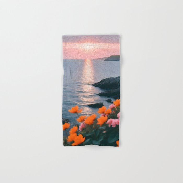 Rocky Beach Sunset, Nature Ocean Landscape Scenic Travel, Mountain Adventure Trek Beach Outdoors, Mindful Photography Bath Towel Gallery Image 1