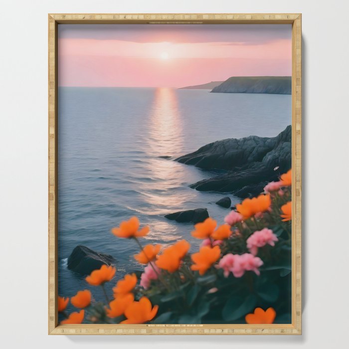 Rocky Beach Sunset, Nature Ocean Landscape Scenic Travel, Mountain Adventure Trek Beach Outdoors, Mindful Photography Serving Tray Gallery Image 1