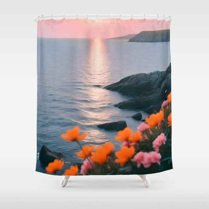 Rocky Beach Sunset, Nature Ocean Landscape Scenic Travel, Mountain Adventure Trek Beach Outdoors, Mindful Photography Shower Curtain Gallery Image 1