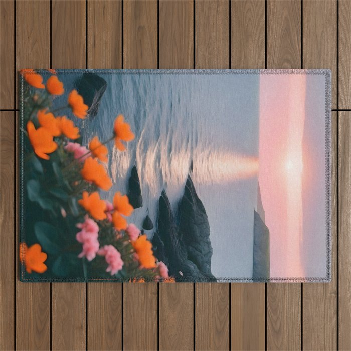 Rocky Beach Sunset, Nature Ocean Landscape Scenic Travel, Mountain Adventure Trek Beach Outdoors, Mindful Photography Outdoor Rug Gallery Image 1