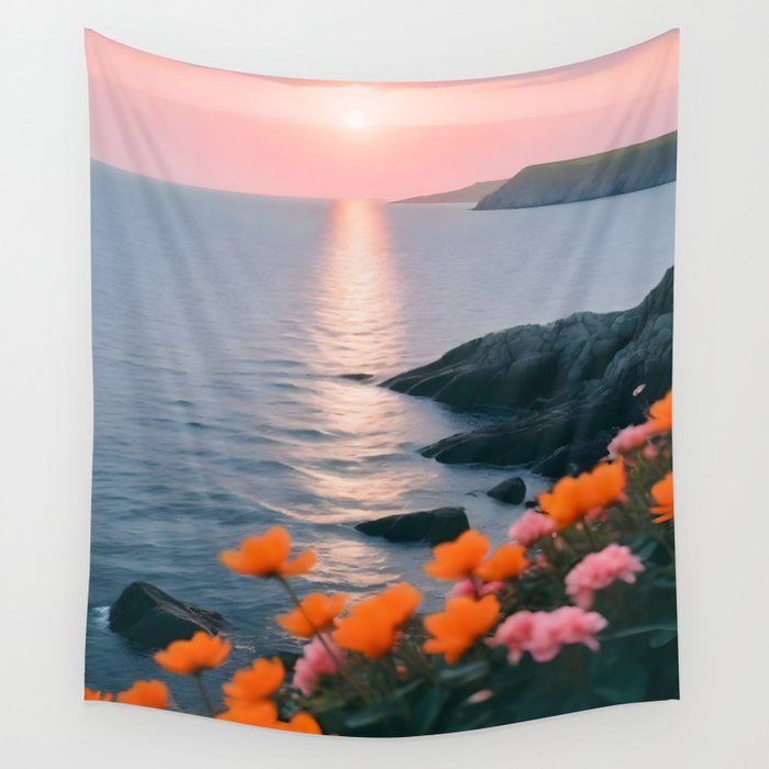Rocky Beach Sunset, Nature Ocean Landscape Scenic Travel, Mountain Adventure Trek Beach Outdoors, Mindful Photography Wall Tapestry Gallery Image 4