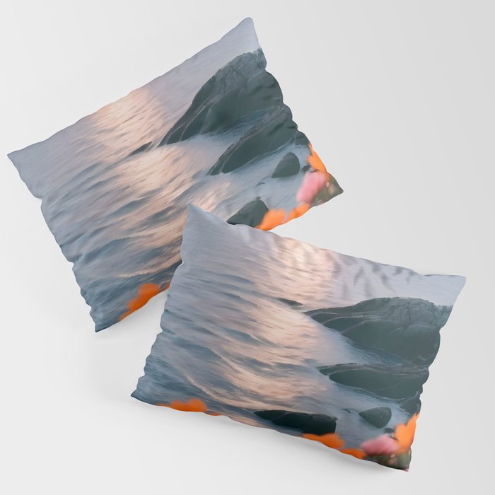 Rocky Beach Sunset, Nature Ocean Landscape Scenic Travel, Mountain Adventure Trek Beach Outdoors, Mindful Photography Pillow Sham Gallery Image 1
