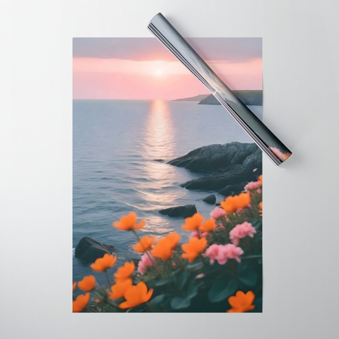 Rocky Beach Sunset, Nature Ocean Landscape Scenic Travel, Mountain Adventure Trek Beach Outdoors, Mindful Photography Wrapping Paper Gallery Image 1