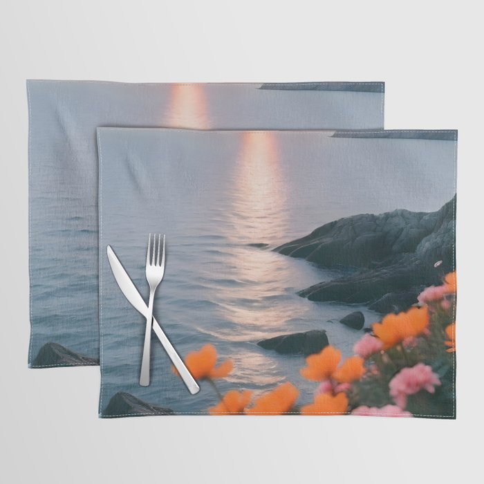Rocky Beach Sunset, Nature Ocean Landscape Scenic Travel, Mountain Adventure Trek Beach Outdoors, Mindful Photography Placemat Gallery Image 1