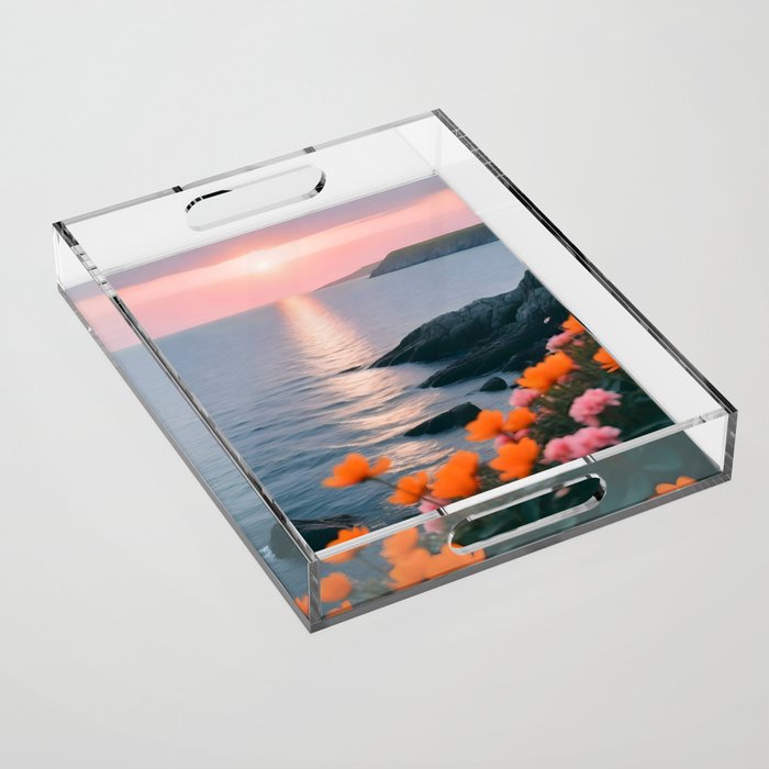 Rocky Beach Sunset, Nature Ocean Landscape Scenic Travel, Mountain Adventure Trek Beach Outdoors, Mindful Photography Acrylic Tray Gallery Image 1