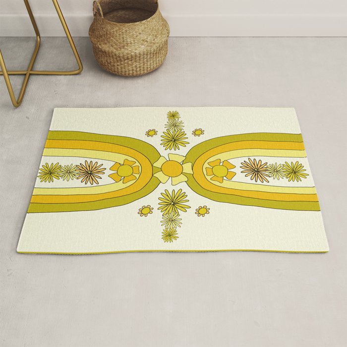 positive rainbow flowers // retro art by surfy birdy Rug Gallery Image 1