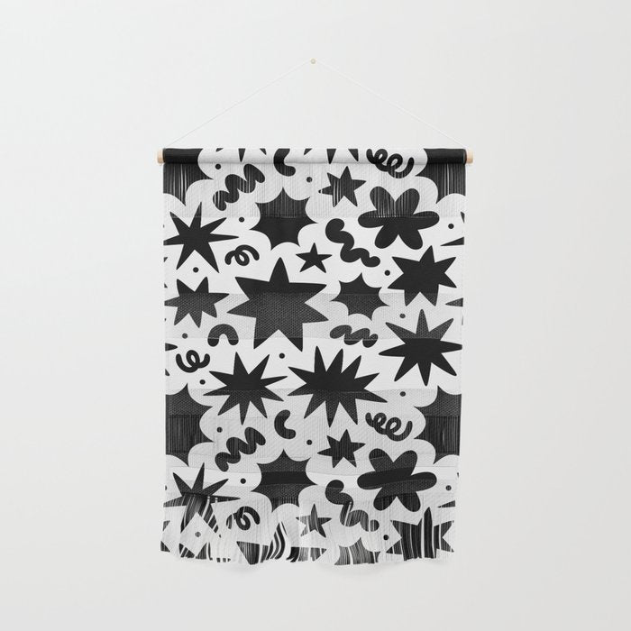 Black and white fun star doodle pattern Wall Hanging Gallery Image 1
