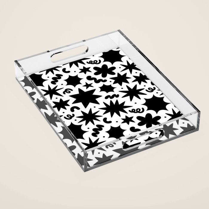 Black and white fun star doodle pattern Acrylic Tray Gallery Image 1