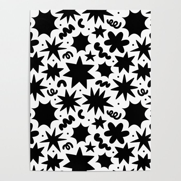 Black and white fun star doodle pattern Poster Gallery Image 1