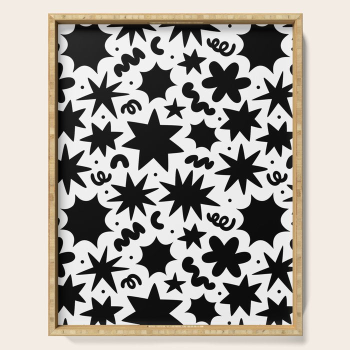 Black and white fun star doodle pattern Serving Tray Gallery Image 1