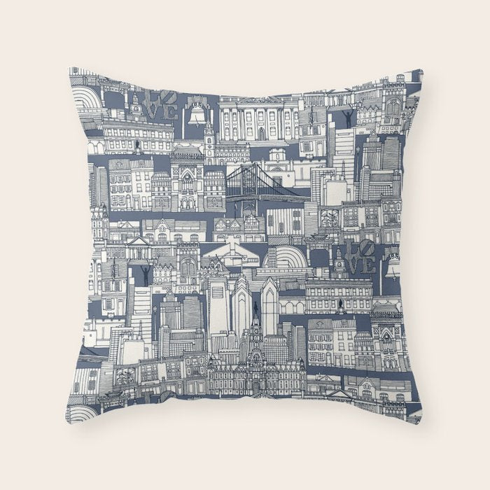 Philadelphia toile blue indigo Throw Pillow Gallery Image 6