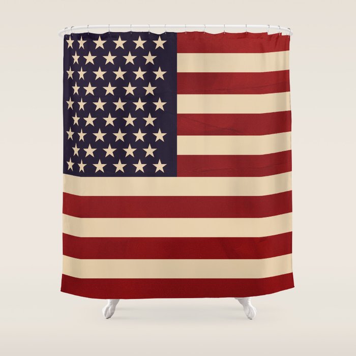 American Flag Vintage Americana Red Navy Blue Beige Shower Curtain Gallery Image 1