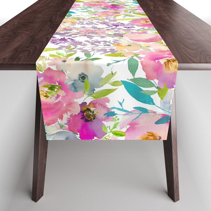 Hand painted pink lavender lilac teal watercolor elegant floral Table Runner Gallery Image 1