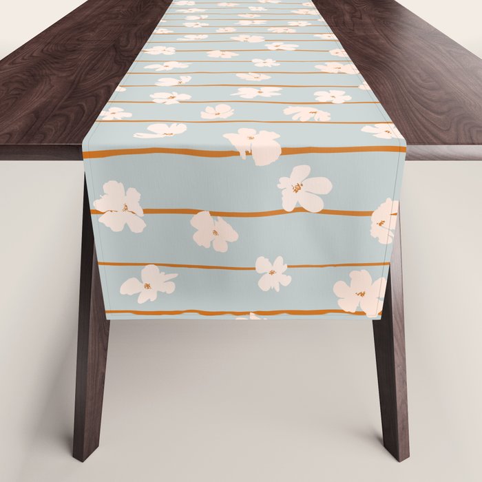 Peach flowers on green and orange vertical stripes background pattern Table Runner Gallery Image 1