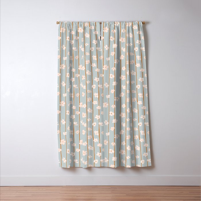 Peach flowers on green and orange vertical stripes background pattern Window Curtain Gallery Image 3