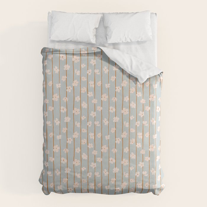 Peach flowers on green and orange vertical stripes background pattern Duvet Cover Gallery Image 1