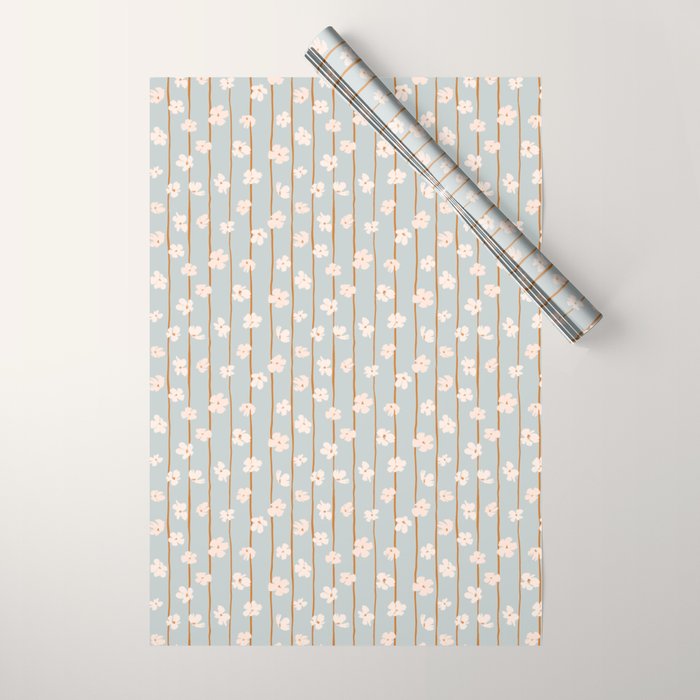 Peach flowers on green and orange vertical stripes background pattern Wrapping Paper Gallery Image 1