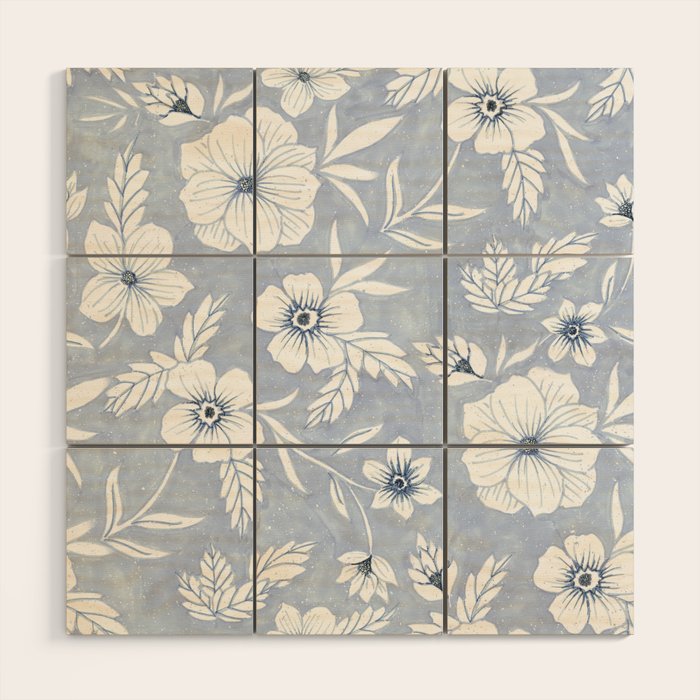 Hand drawn blue and white florals Wood Wall Art Gallery Image 1