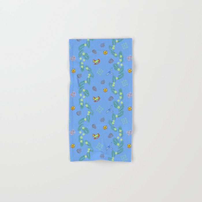 Whimsical Tiny Toys & Pine Branches in Blue Bath Towel Gallery Image 1