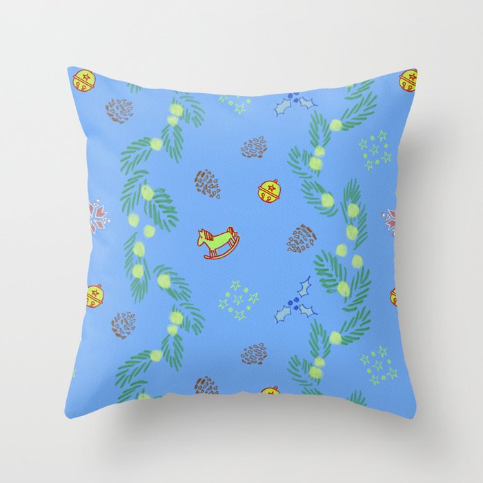 Whimsical Tiny Toys & Pine Branches in Blue Throw Pillow Gallery Image 6