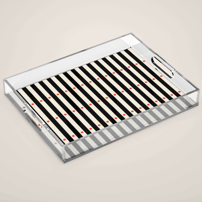 Stripes and Dots geometric pattern black and white  Acrylic Tray Gallery Image 1