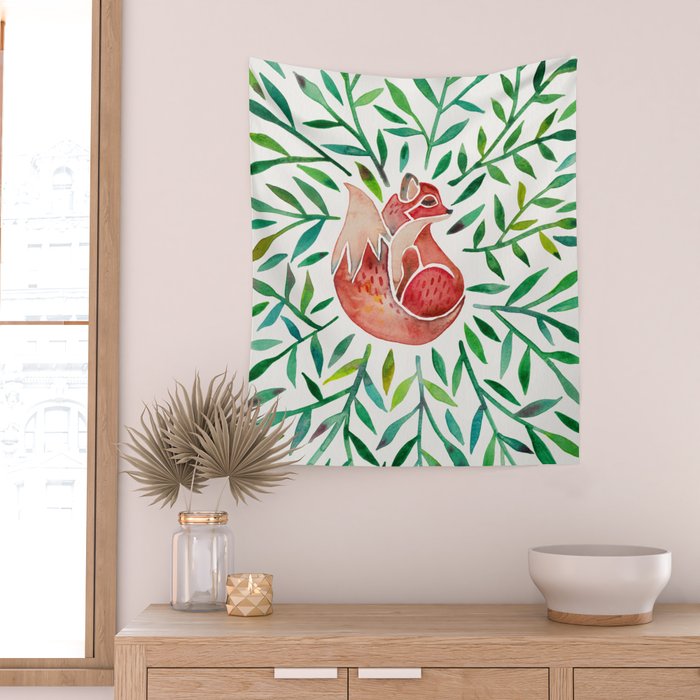 Woodland Fox - Green Leaves Wall Tapestry Gallery Image 2