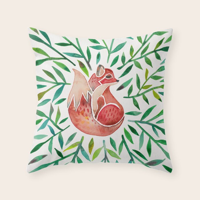 Woodland Fox - Green Leaves Throw Pillow Gallery Image 1
