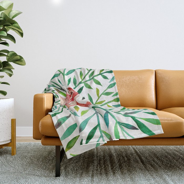 Woodland Fox - Green Leaves Throw Blanket Gallery Image 1