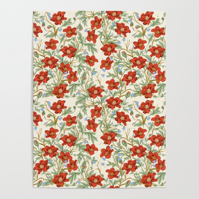 Elegant Red Poppy Floral Vintage Pattern Poster Gallery Image 4