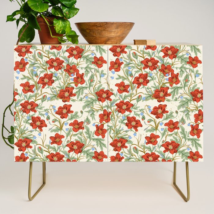Elegant Red Poppy Floral Vintage Pattern Credenza Gallery Image 1