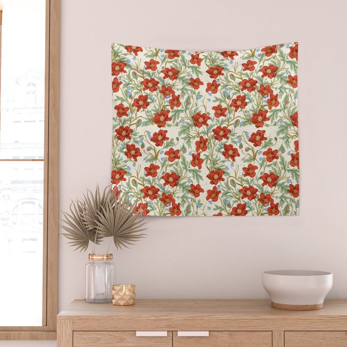 Elegant Red Poppy Floral Vintage Pattern Wall Tapestry Gallery Image 2