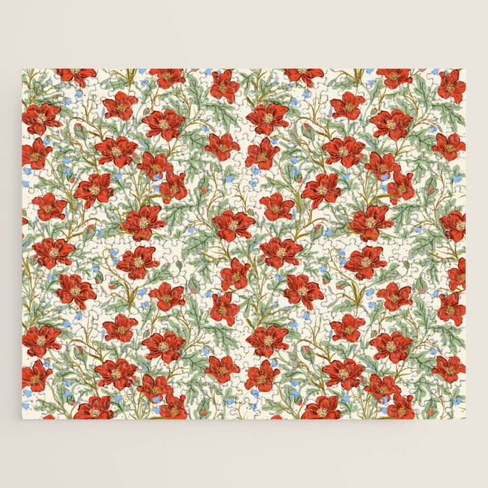 Elegant Red Poppy Floral Vintage Pattern Jigsaw Puzzle Gallery Image 1