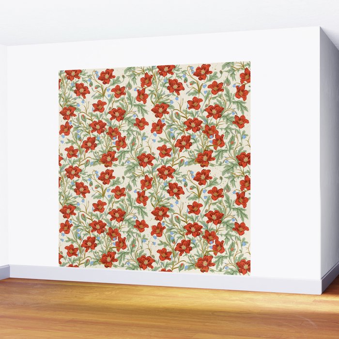 Elegant Red Poppy Floral Vintage Pattern Wall Mural Gallery Image 2