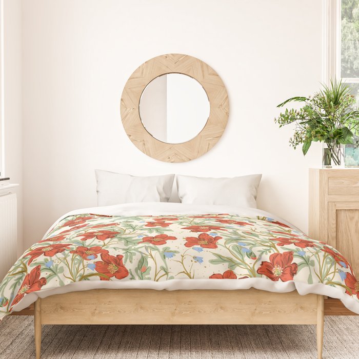 Elegant Red Poppy Floral Vintage Pattern Duvet Cover Gallery Image 3