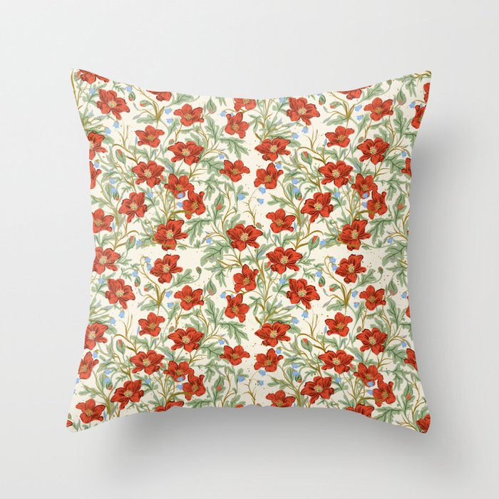 Elegant Red Poppy Floral Vintage Pattern Throw Pillow Gallery Image 2