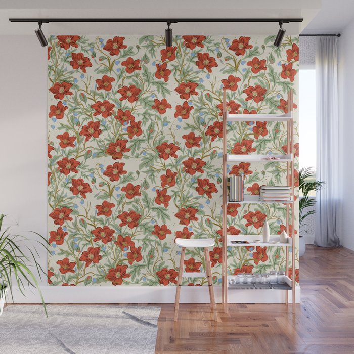 Elegant Red Poppy Floral Vintage Pattern Wall Mural Gallery Image 1