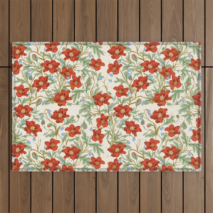 Elegant Red Poppy Floral Vintage Pattern Outdoor Rug Gallery Image 1