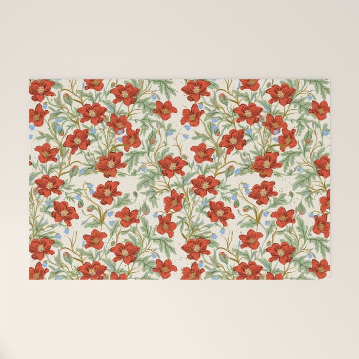 Elegant Red Poppy Floral Vintage Pattern Welcome Mat Gallery Image 1