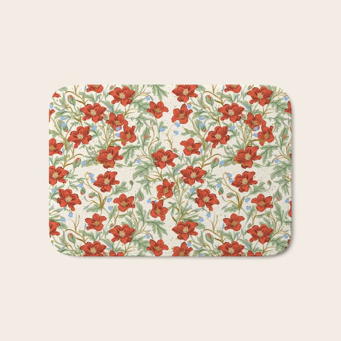 Elegant Red Poppy Floral Vintage Pattern Bath Mat Gallery Image 1