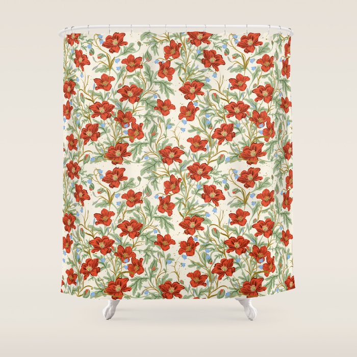 Elegant Red Poppy Floral Vintage Pattern Shower Curtain Gallery Image 1